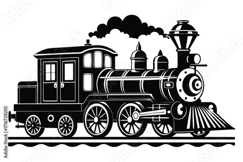 Black and White Illustration of a Vintage Steam Train on Tracks with Smoke