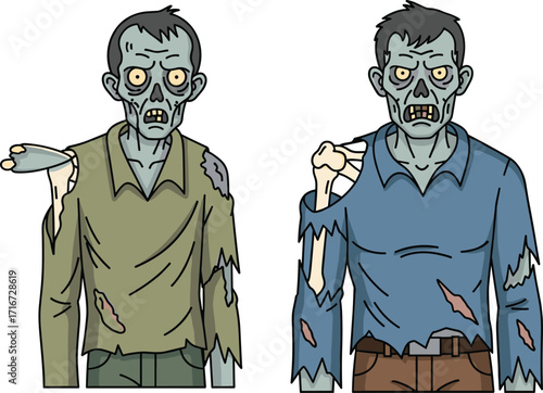 zombie, undead, horror, couple, missing hands, shoulder wounds, grotesque anatomy, monster, scary, Halloween, creepy, infected, vector, illustration