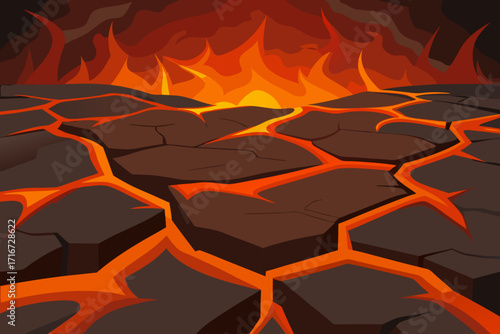 Cracked earth with molten lava and fiery background