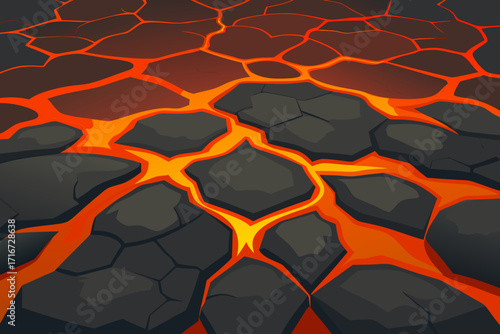 Cracked volcanic landscape with glowing lava flow
