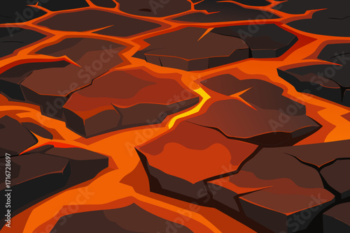 Cracked earth with flowing molten lava
