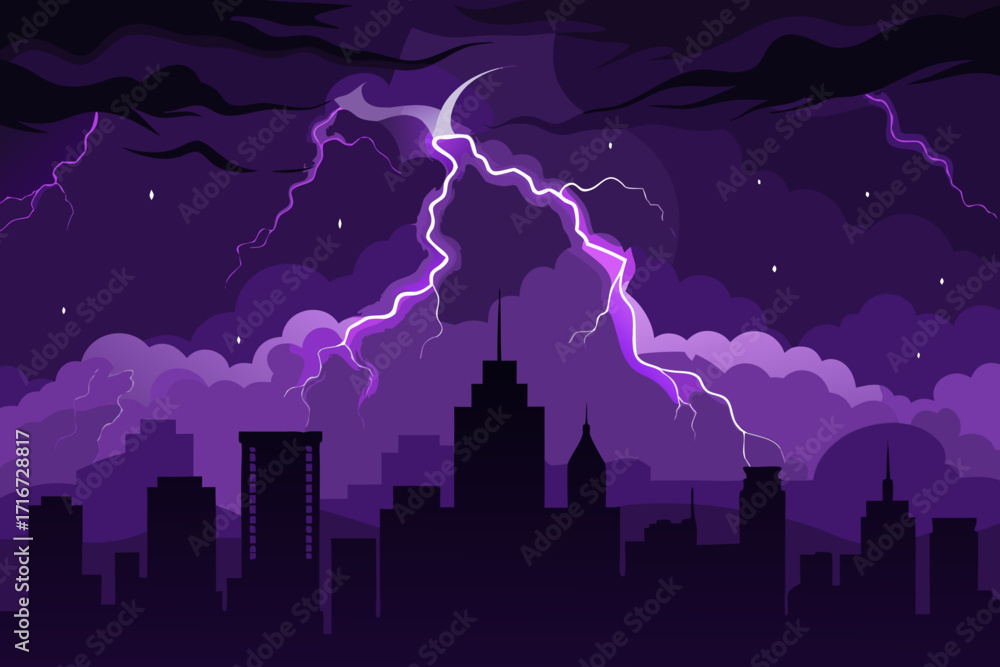 Fototapeta premium Dramatic purple lightning strikes a dark city skyline during a storm
