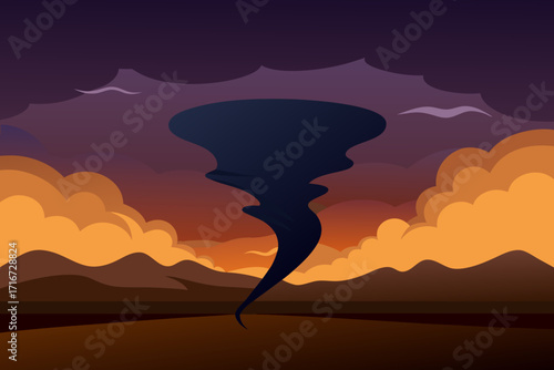 Dark tornado swirls amidst dramatic stormy skies and fiery clouds