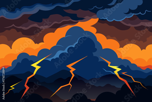 Dramatic stormy sky with lightning strikes and fiery clouds