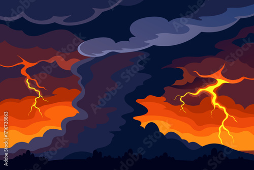 Dramatic stormy sky with lightning and fiery clouds