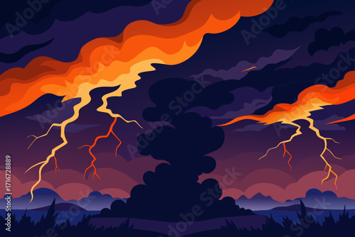 Dramatic lightning strikes illuminate a stormy fiery sky over dark landscapes