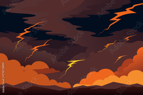 Fiery lightning storm over dark volcanic landscape