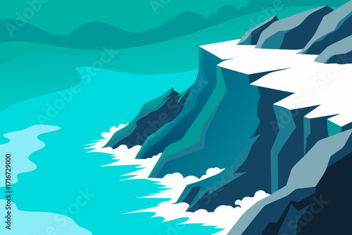 Abstract coastal cliffs with crashing waves and snow