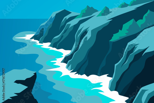 Stylized coastal cliffs and crashing waves under a clear blue sky