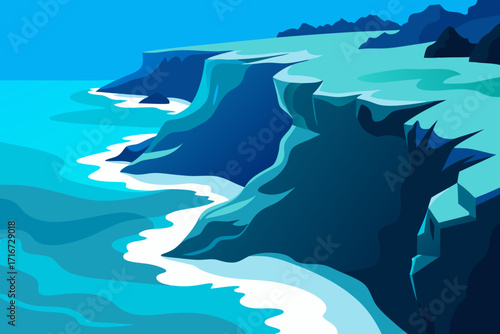Stylized coastal cliffs meeting turquoise ocean waves