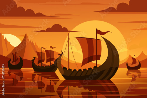 Viking ships sail through fiery sunset waters