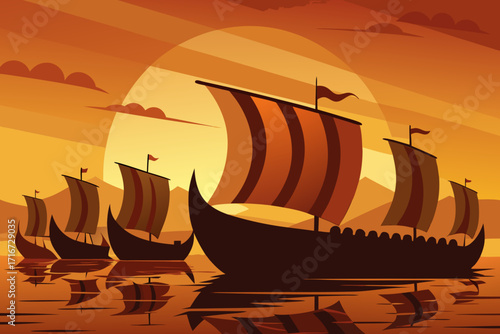 Viking longships sail at sunset in warm orange hues