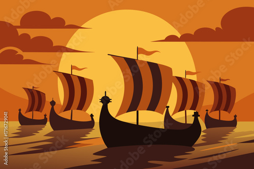 Viking ships sail at sunset under a warm orange sky