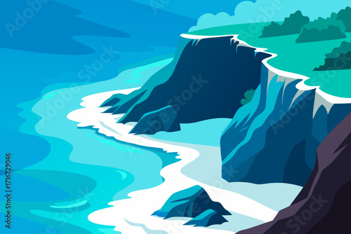 Stylized coastal cliffs and ocean waves