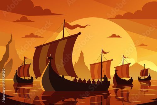 Viking longships sail at sunset with dramatic orange sky