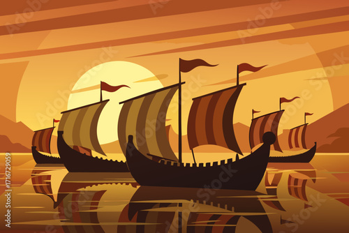 Viking longships sail at sunset