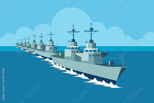 Naval fleet sailing in formation under a cloudy sky