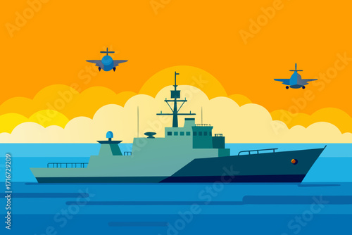 Naval destroyer and fighter jets under a sunset sky