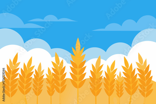 Golden wheat field under a bright blue sky with fluffy clouds