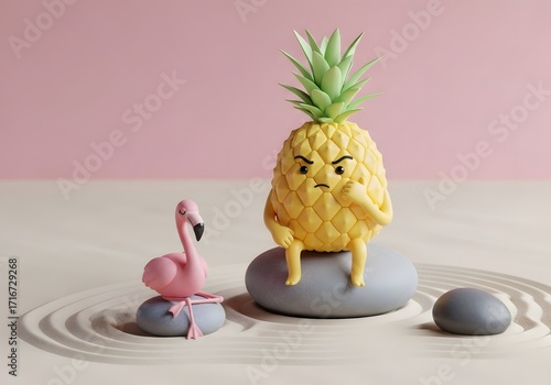 Reverie: An irritated pineapple sitting on a stone in a zen garden, symbolizing irritation, frustration, and contemplation