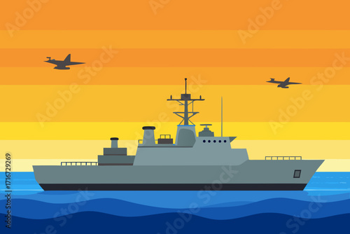 Modern warship and fighter jets sail under a sunset sky