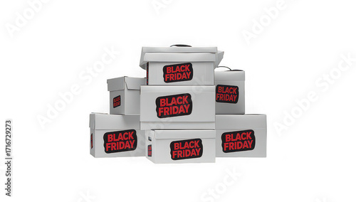A stack of white boxes with black friday labels against a black background isolated shot