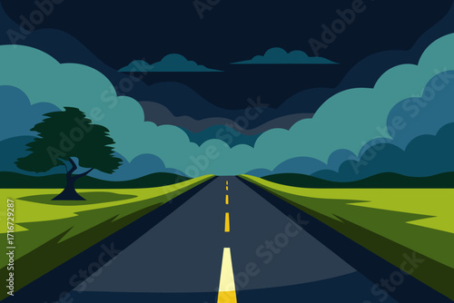 Dark clouds loom over a lonely road at dusk