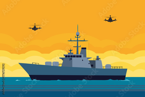 Naval destroyer and helicopters patrol under a dramatic sunset sky