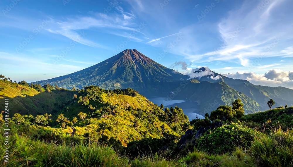 Fototapeta premium A vibrant landscape showcases a majestic volcano, lush greenery, and a tranquil valley, bathed in sunlight.