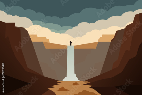Lone figure stands at the edge of a majestic waterfall
