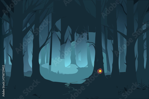 Mysterious glowing orb in a dark foggy forest at night