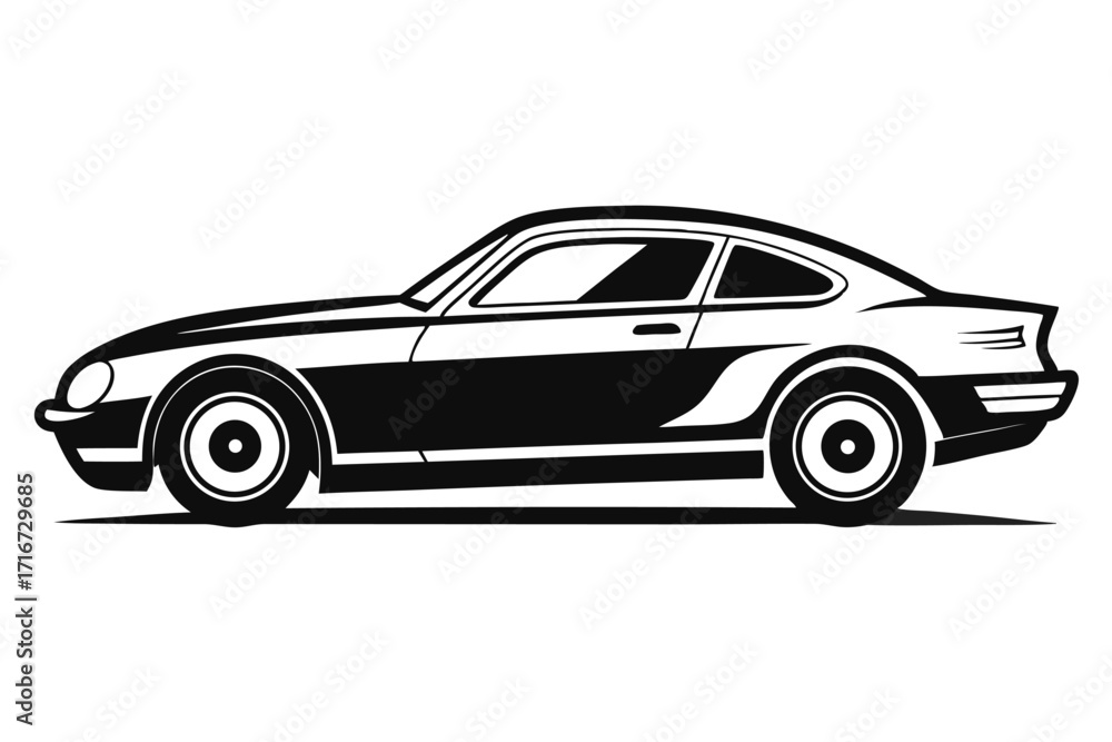 Obraz premium Isolated stylized vintage car illustration with a sleek coupe design in black and white