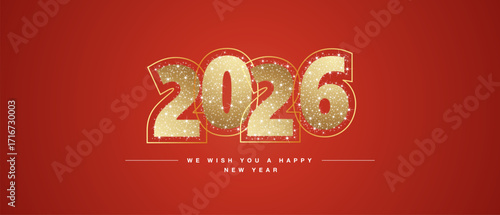 We wish you a Happy New Year 2026 light golden glitter typography with neon outline. New Year 2026 on red background