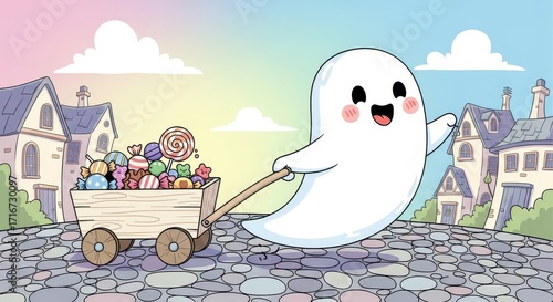 Cute Ghost Hauling Wagon Full of Sweets