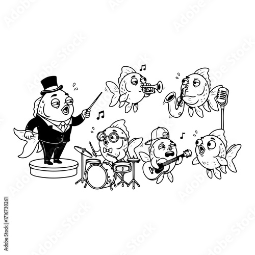 Cartoon Goldfish Band Performing Music Concert Sketch Drawing Character Illustration
