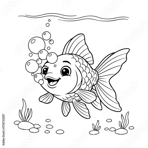 Cartoon goldfish swimming happily with bubbles underwater outline illustration