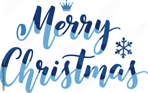 Merry Christmas lettering with cute crown and snowflake icon, winter holiday typography for kids