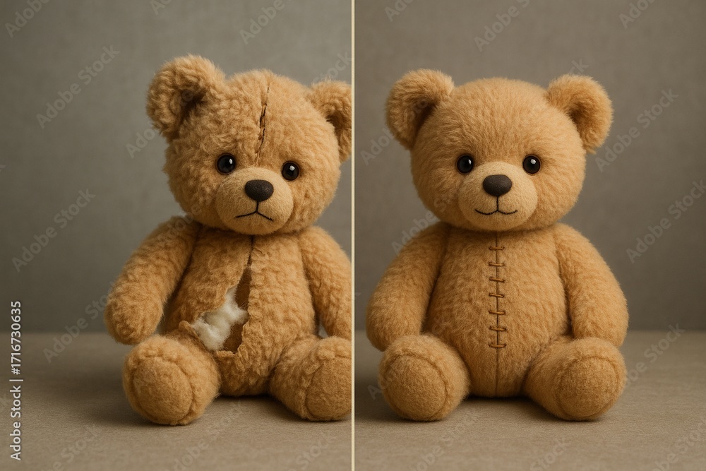 Obraz premium A before-and-after comparison of a ripped teddy bear being repaired and mended