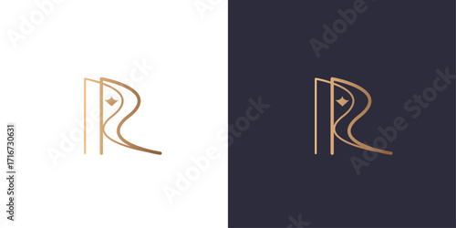 Letter R and R crown star logo monogram, minimal style identity initial logo mark. Golden gradient vector emblem logotype for business cards symbol.