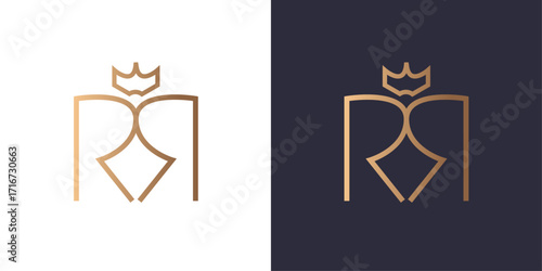 Letter R and R crown logo monogram, minimal style identity initial logo mark. Golden gradient vector emblem logotype for business cards symbol.