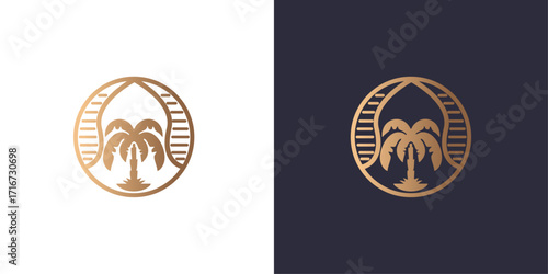 Logo beach ball tennis coconut tree waves Golden gradient vector emblem logotype for business cards symbol.