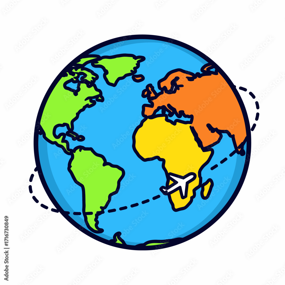 Obraz premium Colorful world globe icon with airplane flight path for travel and tourism apps