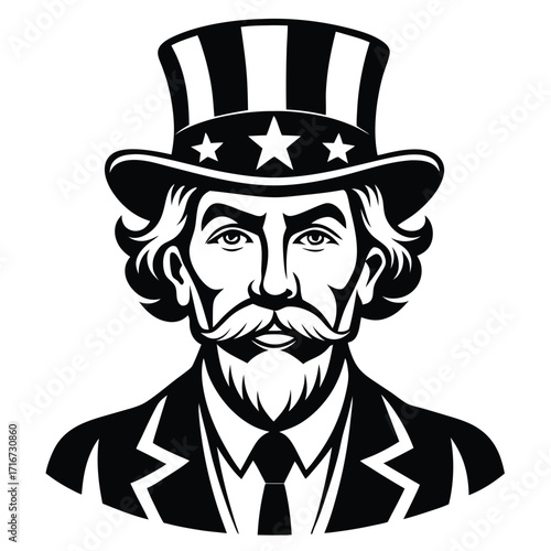 Monochrome Vector Graphic of Uncle Sam with Top Hat, Suit and Beard