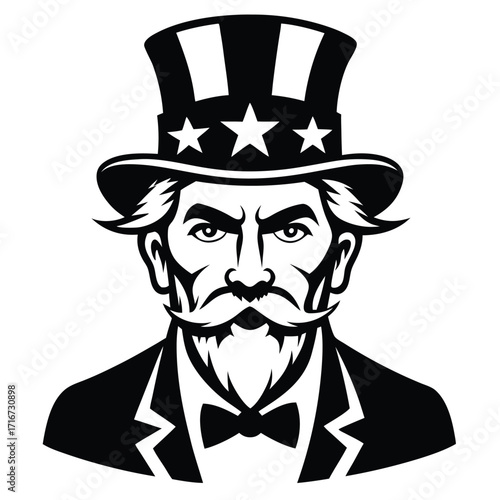 Black Silhouette of Uncle Sam Wearing StarSpangled Hat and Bow Tie