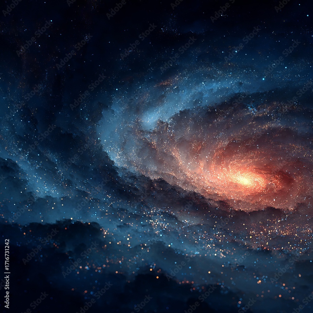 Fototapeta premium Cosmic Embrace: A breathtaking view of a vibrant galaxy, swirling with radiant colors and celestial light, invites exploration of the endless wonder.