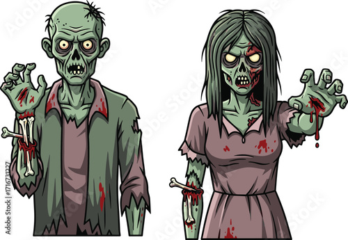 zombie, undead, horror, couple, protruding bones, forearm injury, claw gesture, monster, scary