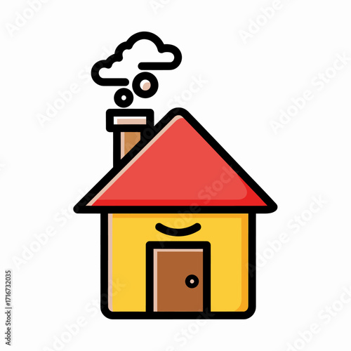 Cozy Yellow House with Red Roof Emitting Smoke from Chimney, Simple Illustration Representing Home and Hearth