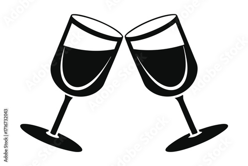 Two Black Wine Glasses Clinking Together, Celebrating Friendship or Achievement in Simple Art