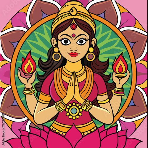 Lakshmi Divine Hindu Goddess of Wealth and Prosperity, Holding Flames in Namaste