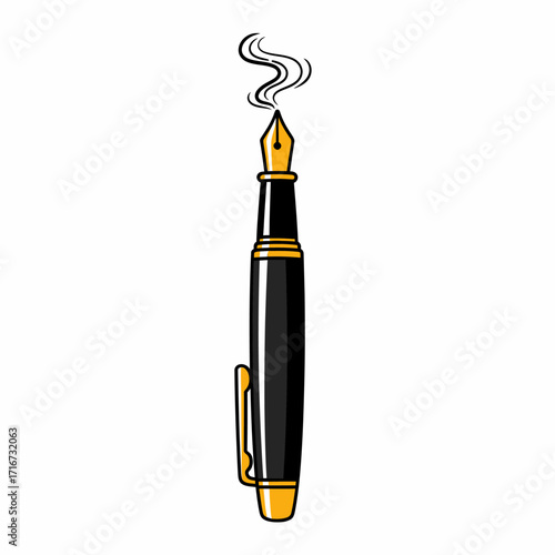 Ink and Inspiration Dynamic illustration of a fountain pen with a smoking nib, capturing the intense creative process and the vibrant flow of literary ideas and artistic expression